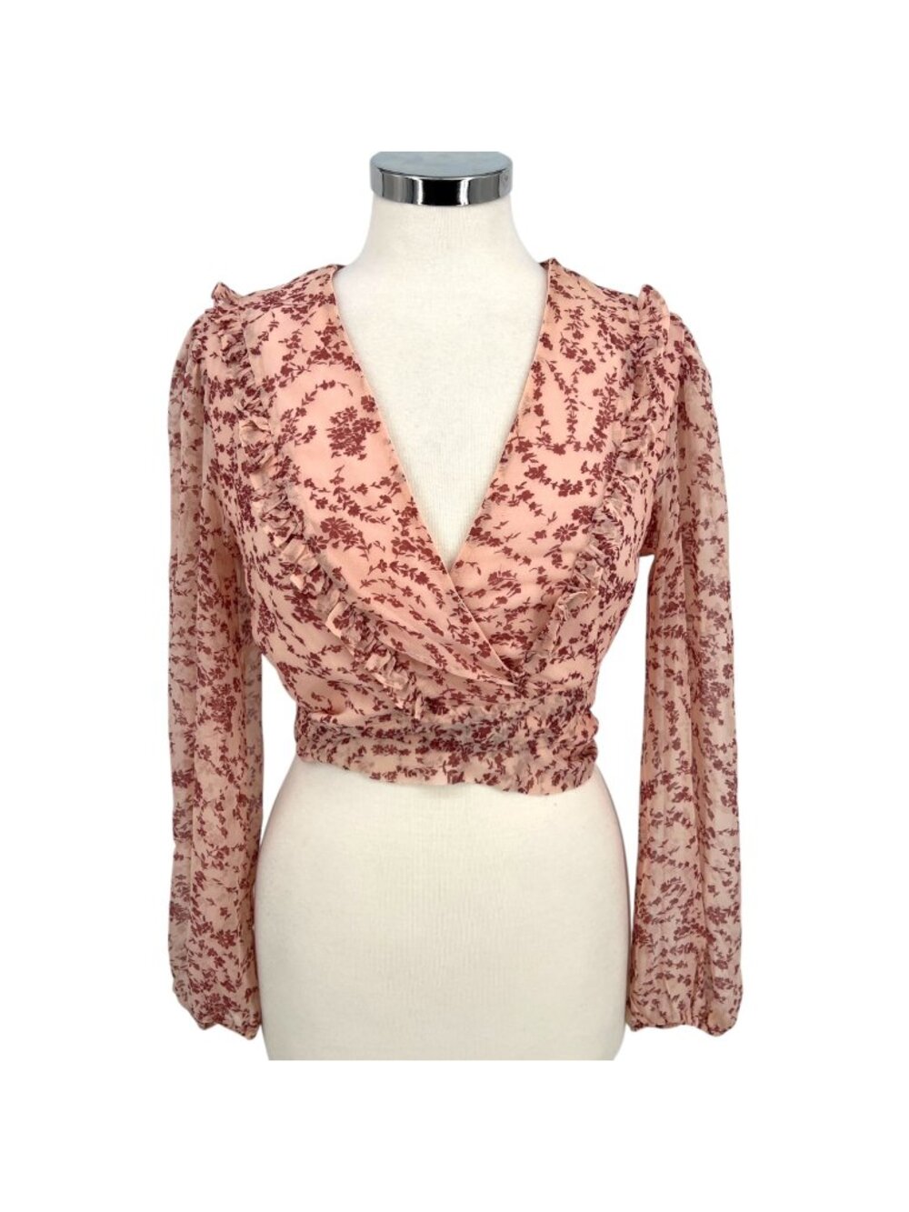 Bardot Floral Wrap Tie-Front Long-Sleeve Blouse Pink Red Size US 8 Medium